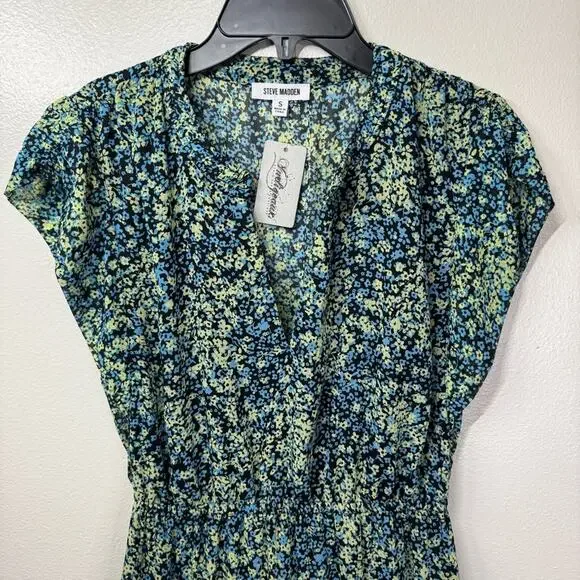 NWT Steve Madden Leigh Midi Dress Blue Yellow V-Neck Floral Dress Women’s Small - Picture 5 of 7